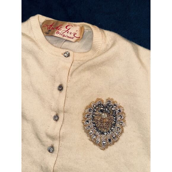 VINTAGE CARDIGAN SWEATER BEADED PEARL CREST RHINESTONE BUTTONS - Picture 9 of 14